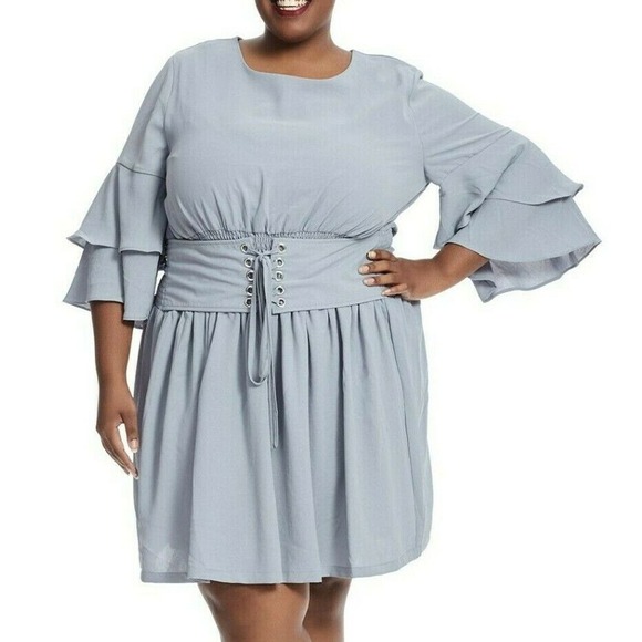 ⭐️JOA Sky Blue Smocked Waist Corset Fit & Flare Bell Sleeve Any Occasion Dress - Picture 2 of 12